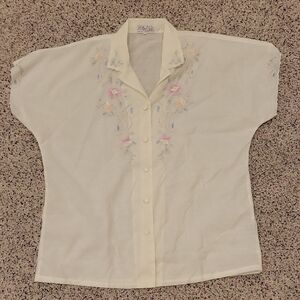 Vintage Embroidered Beaded Blouse Button Up Short Sleeve Medium 40
